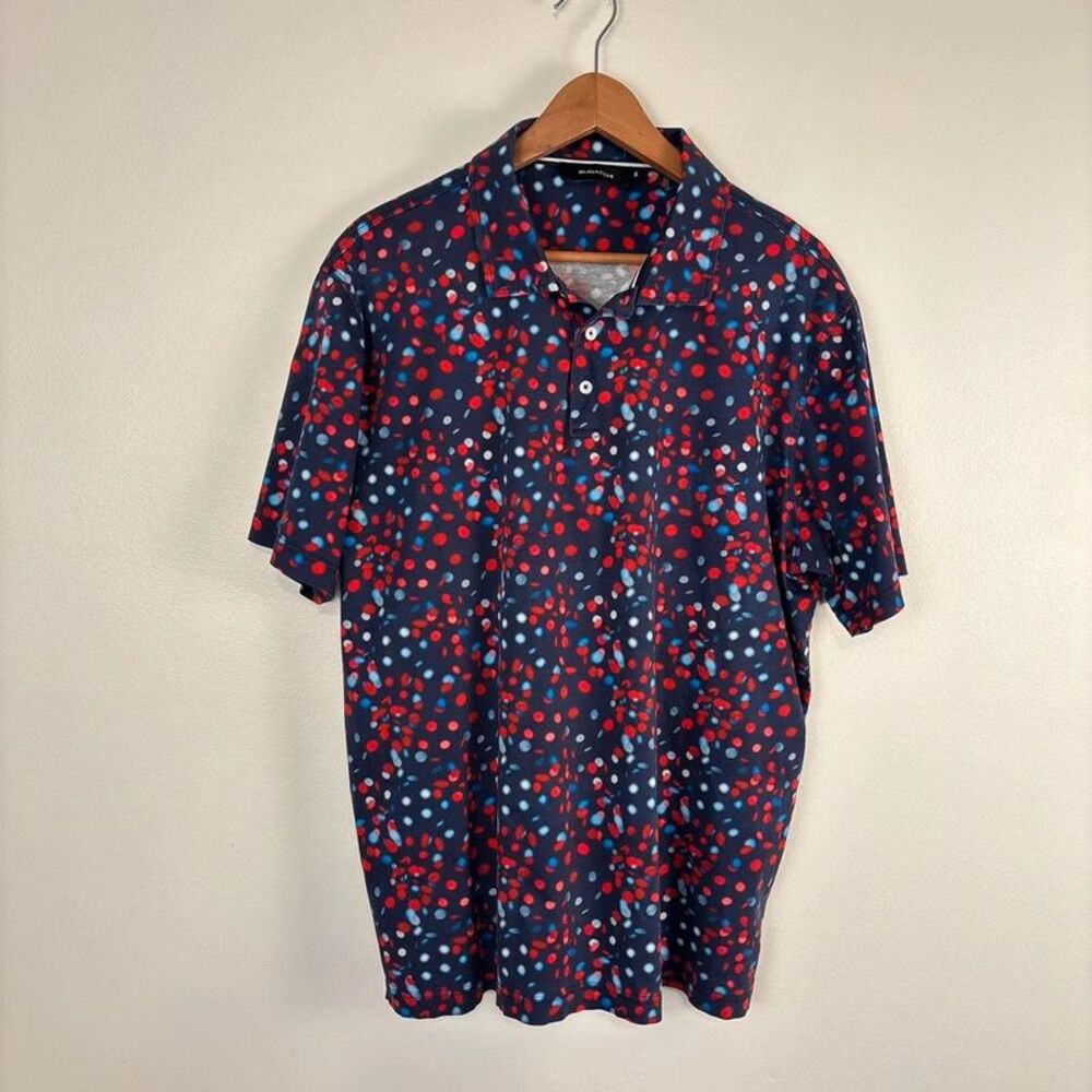 Bugatchi Mens XXL Polo Shirt Navy Blue Red Polka Dot Mercerized Cotton